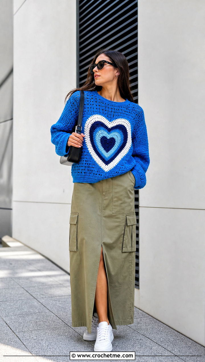 Graphic Heart Crochet Sweater With Cargo Maxi Skirt - 35 crochet heart sweater outfit ideas