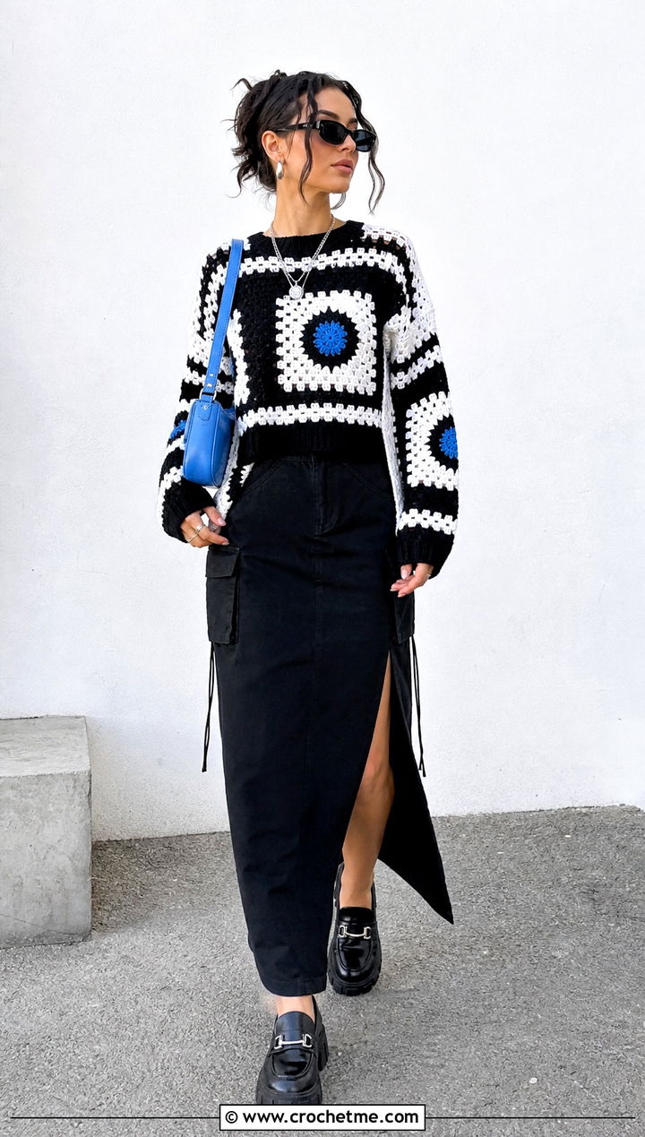 Graphic Intarsia Crochet Sweater With Cargo Skirt - 35 black and white crochet sweater outfit ideas