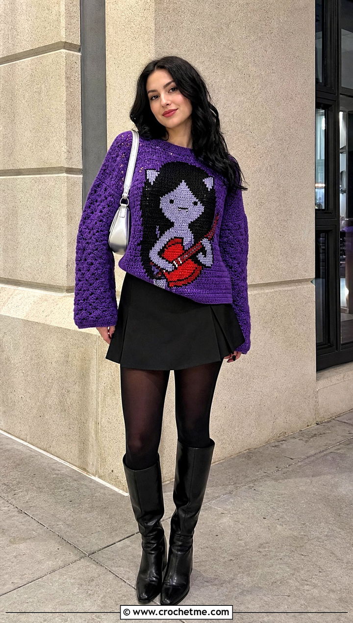 Graphic Marceline Cat Sweater With Black Mini Skirt - 30 crochet marceline sweater outfit ideas