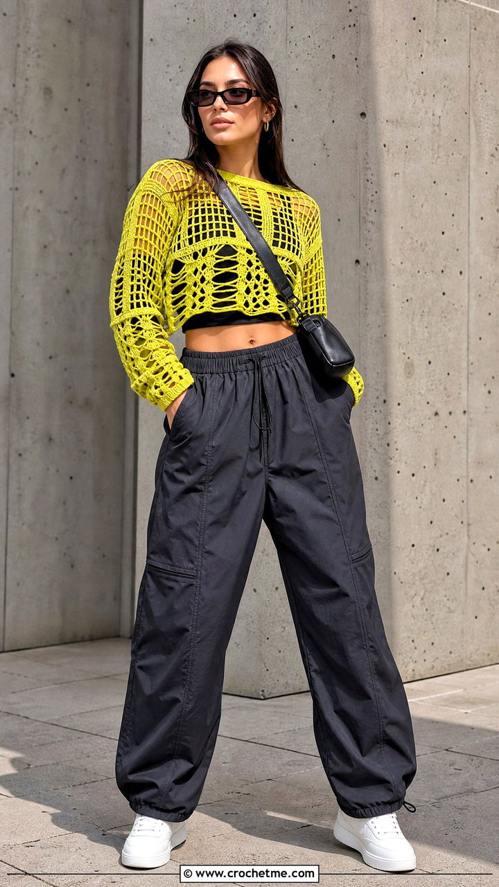 Graphic Mesh Crochet Sweater With Parachute Pants - 35 crochet mesh sweater outfit ideas
