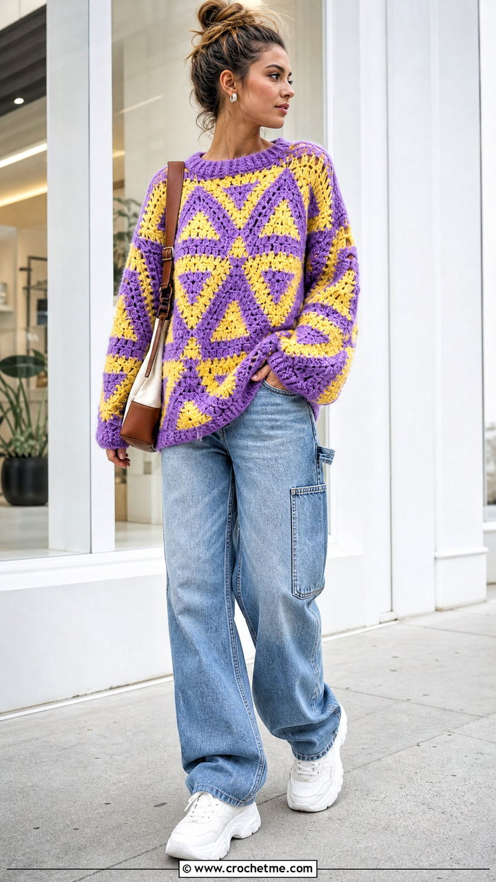 Graphic Mohair Crochet Sweater With Carpenter Jeans - 35 mohair crochet sweater outfit ideas