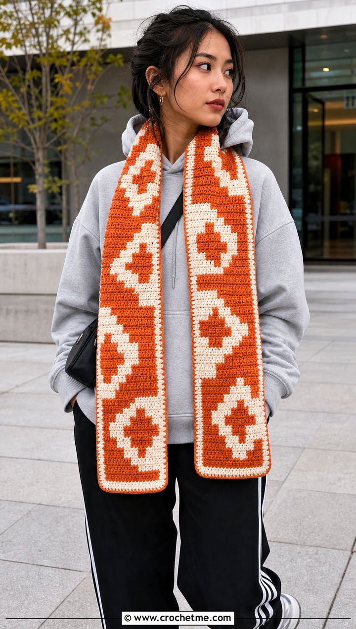 Graphic Motif C C Scarf With Hoodie And Track Pants - 35 c2c crochet scarf outfit ideas
