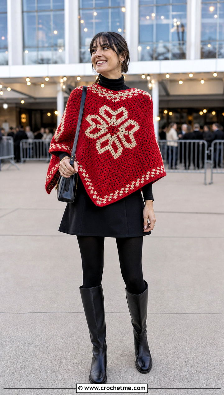 Graphic Motif Corner To Corner Crochet Poncho With Mini Skirt And Tights - 15 Corner To Corner Crochet Poncho outfit ideas