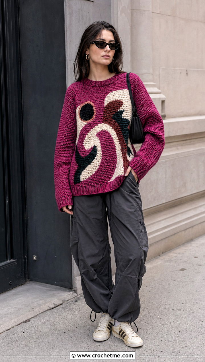 Graphic Motif Crochet Boyfriend Sweater With Parachute Pants - 30 crochet boyfriend sweater outfit ideas