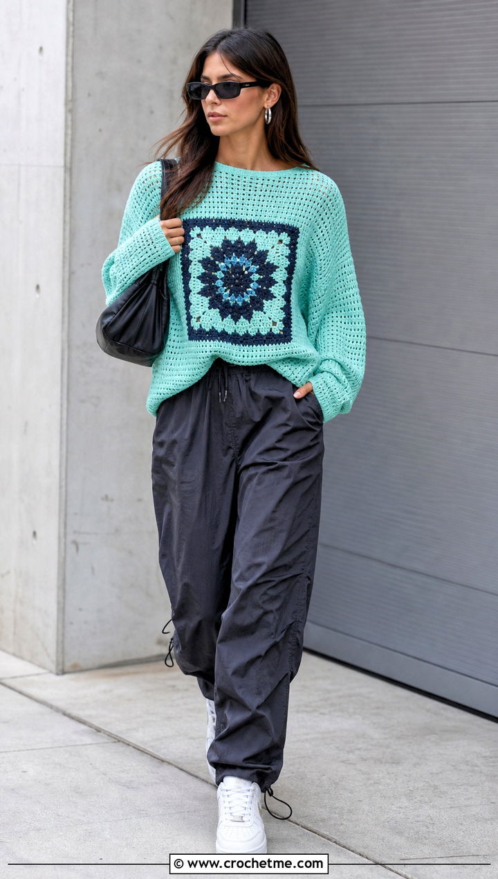 Graphic Motif Crochet Drop Shoulder Sweater With Parachute Pants - 30 crochet drop shoulder sweater outfit ideas