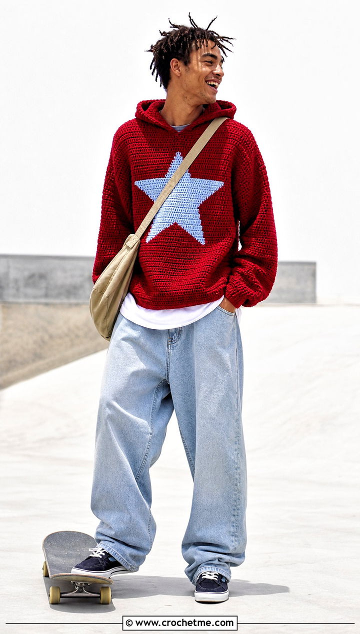 Graphic Motif Crochet Hoodie With Skate Jeans - 25 Crochet Hoodie Men outfit ideas