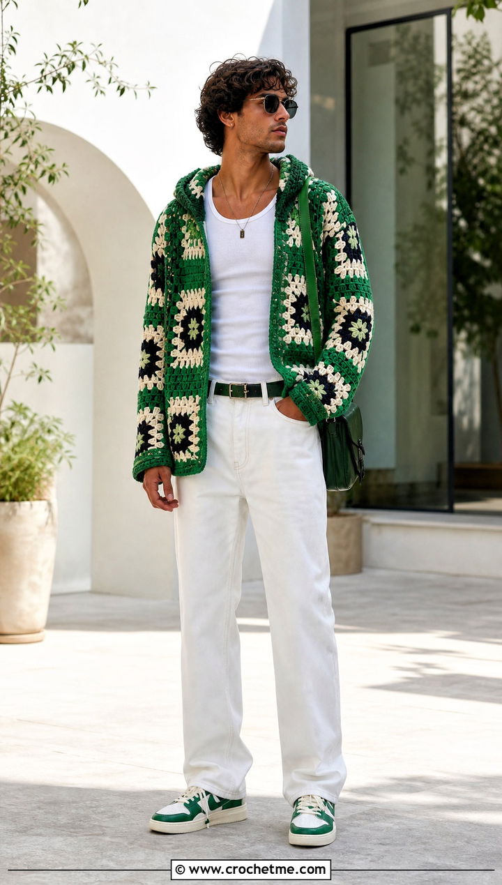 Graphic Motif Crochet Hoodie With White Jeans - 30 crochet mens hoodie outfit ideas