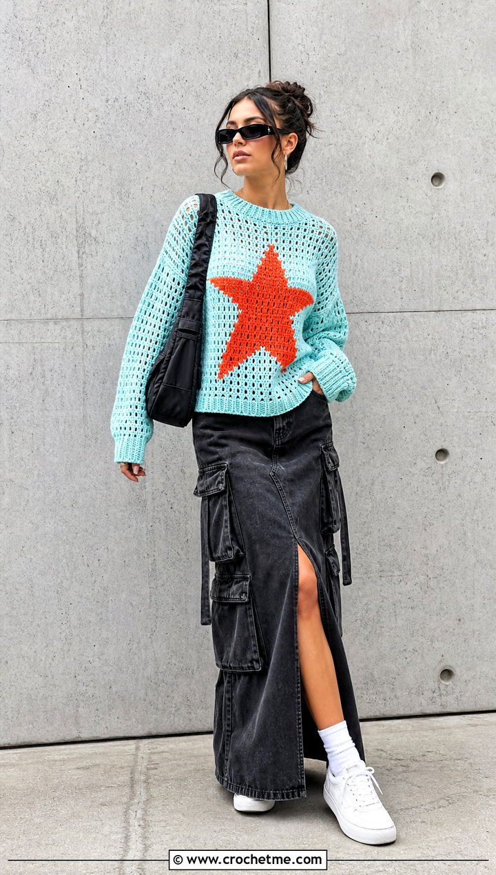 Graphic Motif Crochet Jumper With Cargo Maxi Skirt - 35 easy crochet jumper outfit ideas