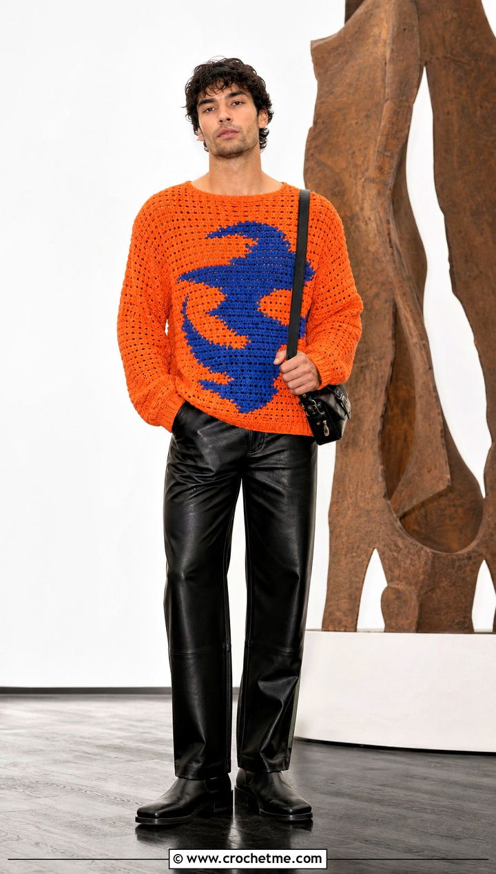Graphic Motif Crochet Sweater With Leather Trousers - 30 men's crochet sweater outfit ideas