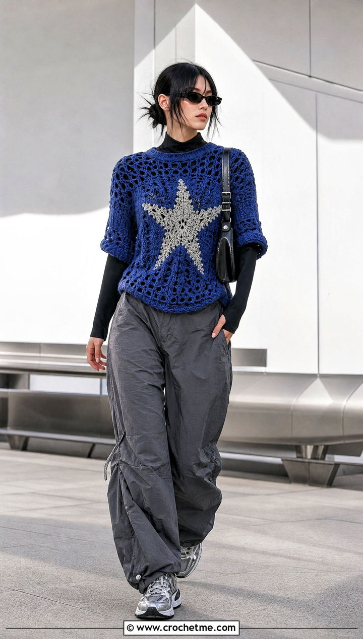 Graphic Motif Crochet Sweater With Parachute Pants - 25 alt crochet sweater outfit ideas