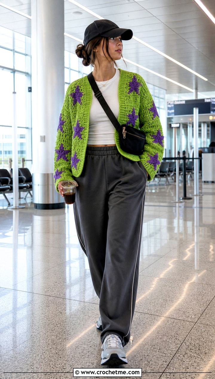 Graphic Motif Crochet Sweater With Track Pants - 25 Funky Crochet Sweater outfit ideas