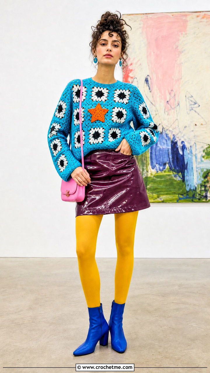 Graphic Motif Crochet Sweater With Vinyl Skirt - 35 crochet sweater design outfit ideas