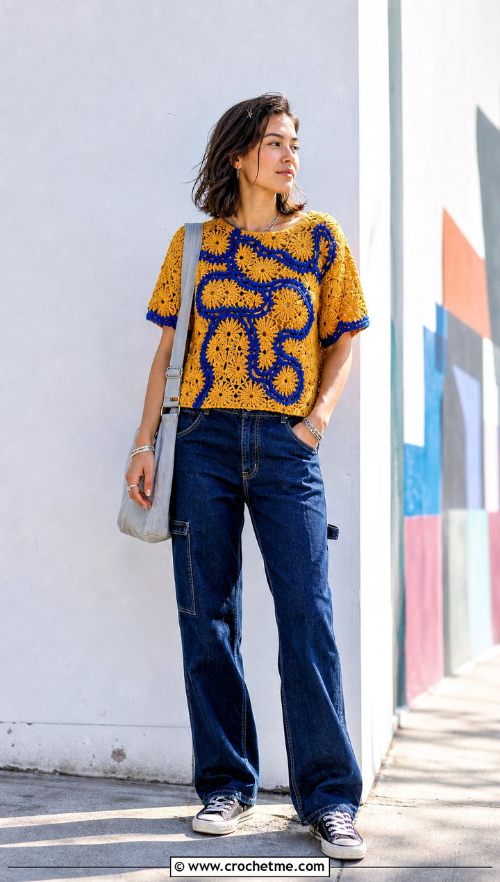 Graphic Motif Crochet Tee With Carpenter Jeans - 35 crochet tee shirt outfit ideas