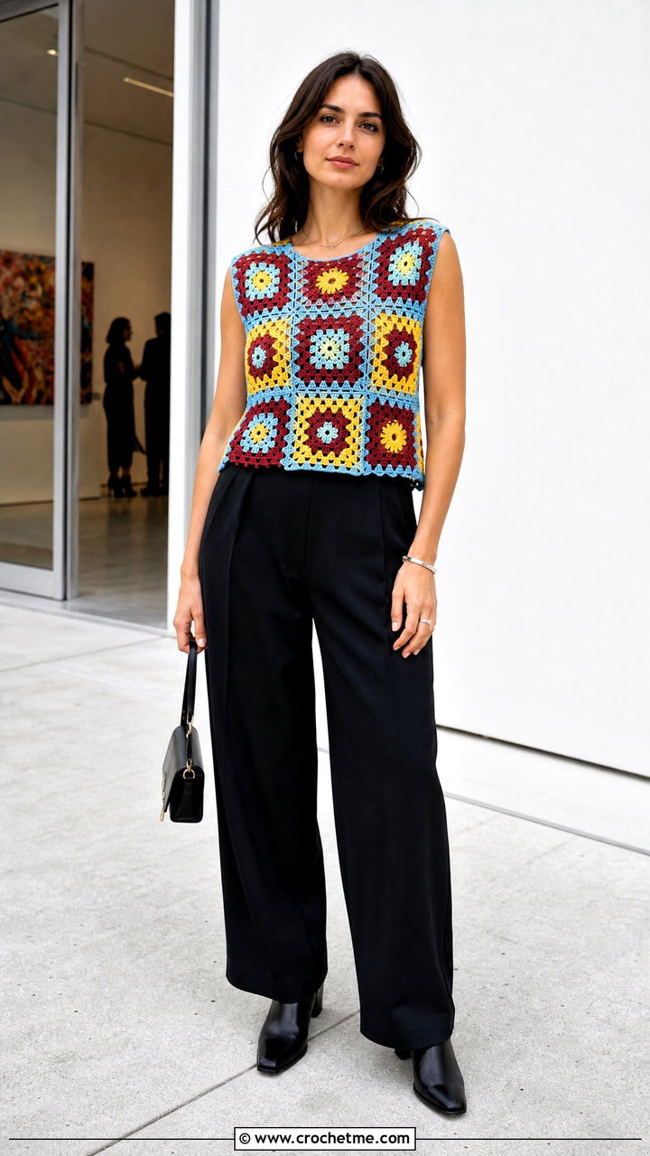 Graphic Motif Crochet Top With Black Trousers - 35 crochet going out top outfit ideas