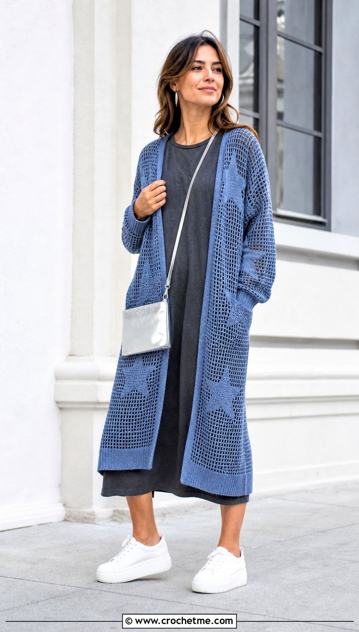 Graphic Motif Filet Crochet Cardigan With a T Shirt Dress - 25 filet crochet cardigan outfit ideas