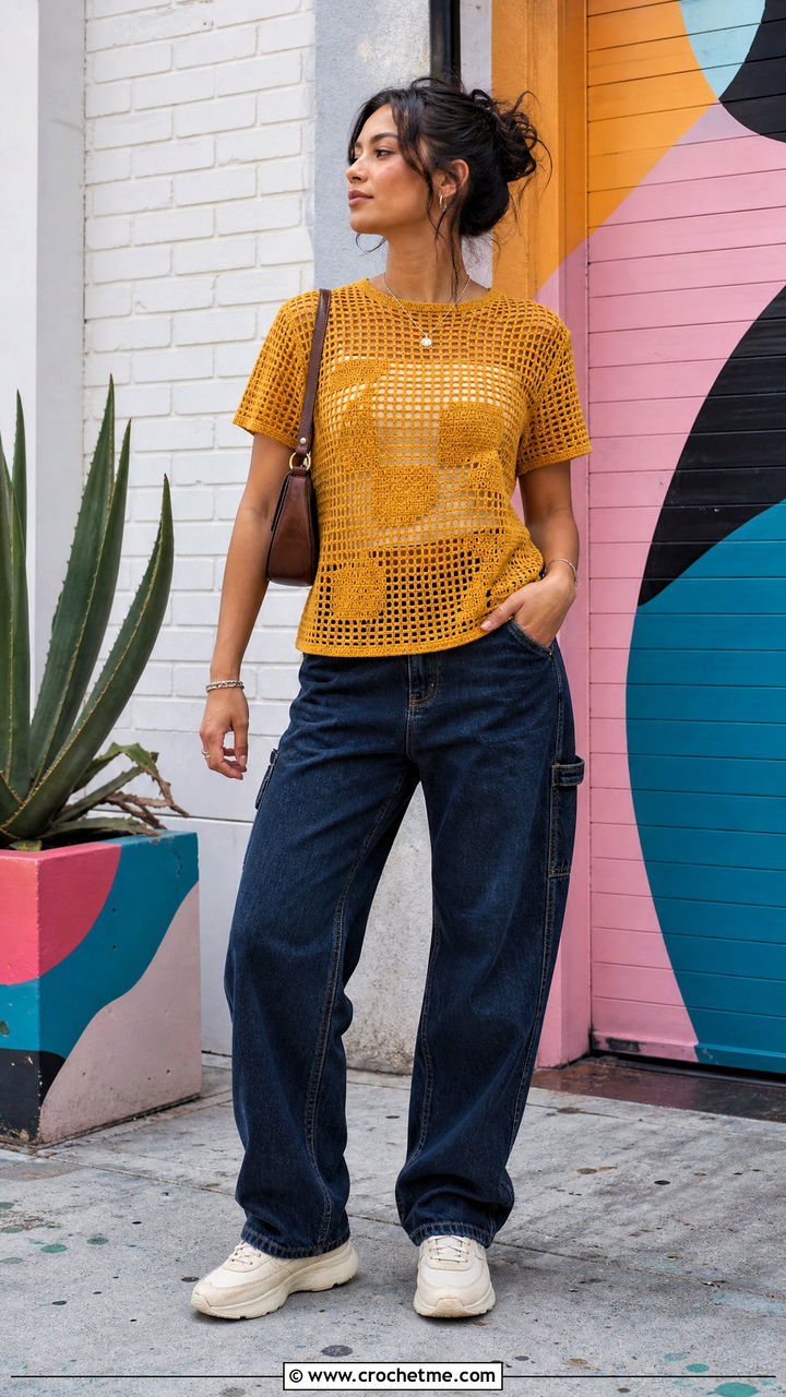 Graphic Motif Filet Crochet Top With Carpenter Jeans - 35 fillet crochet top outfit ideas