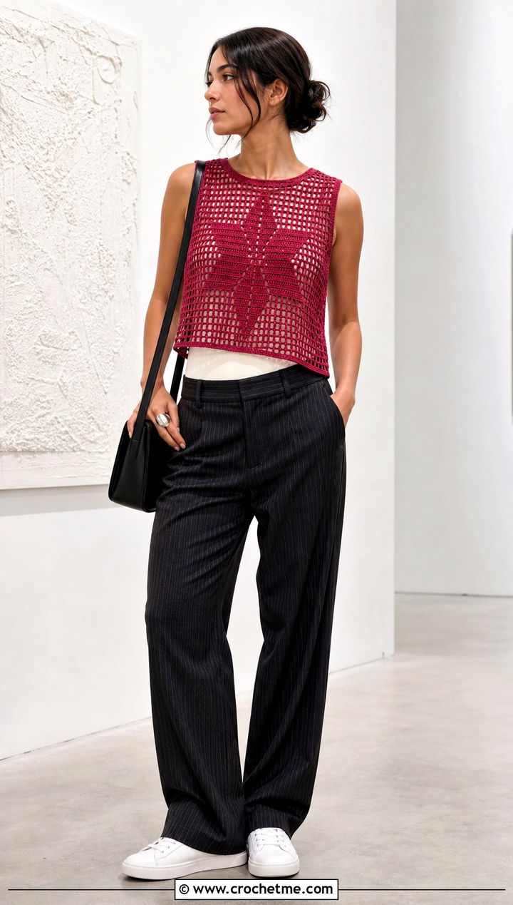 Graphic Motif Filet Crochet Vest With Pinstripe Pants - 35 filet crochet vest outfit ideas