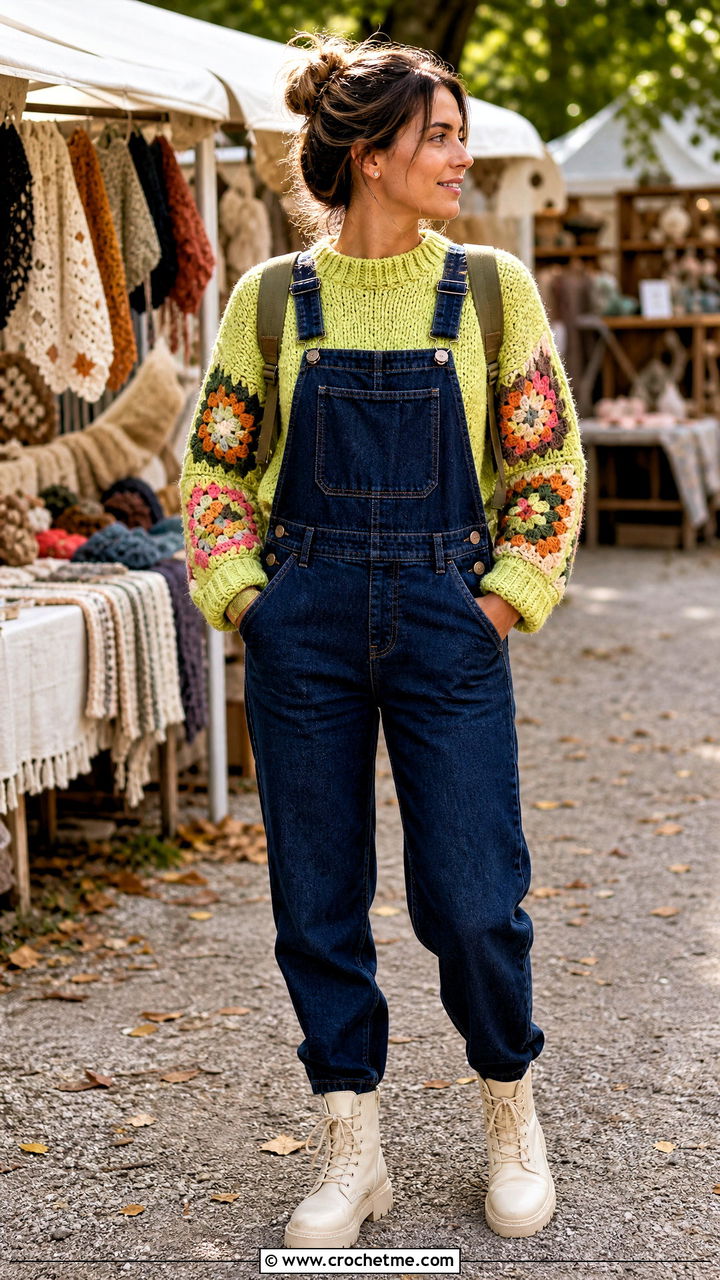 Graphic Sleeve Chunky Crochet Jumper With Denim Overalls - 35 chunky crochet jumper outfit ideas