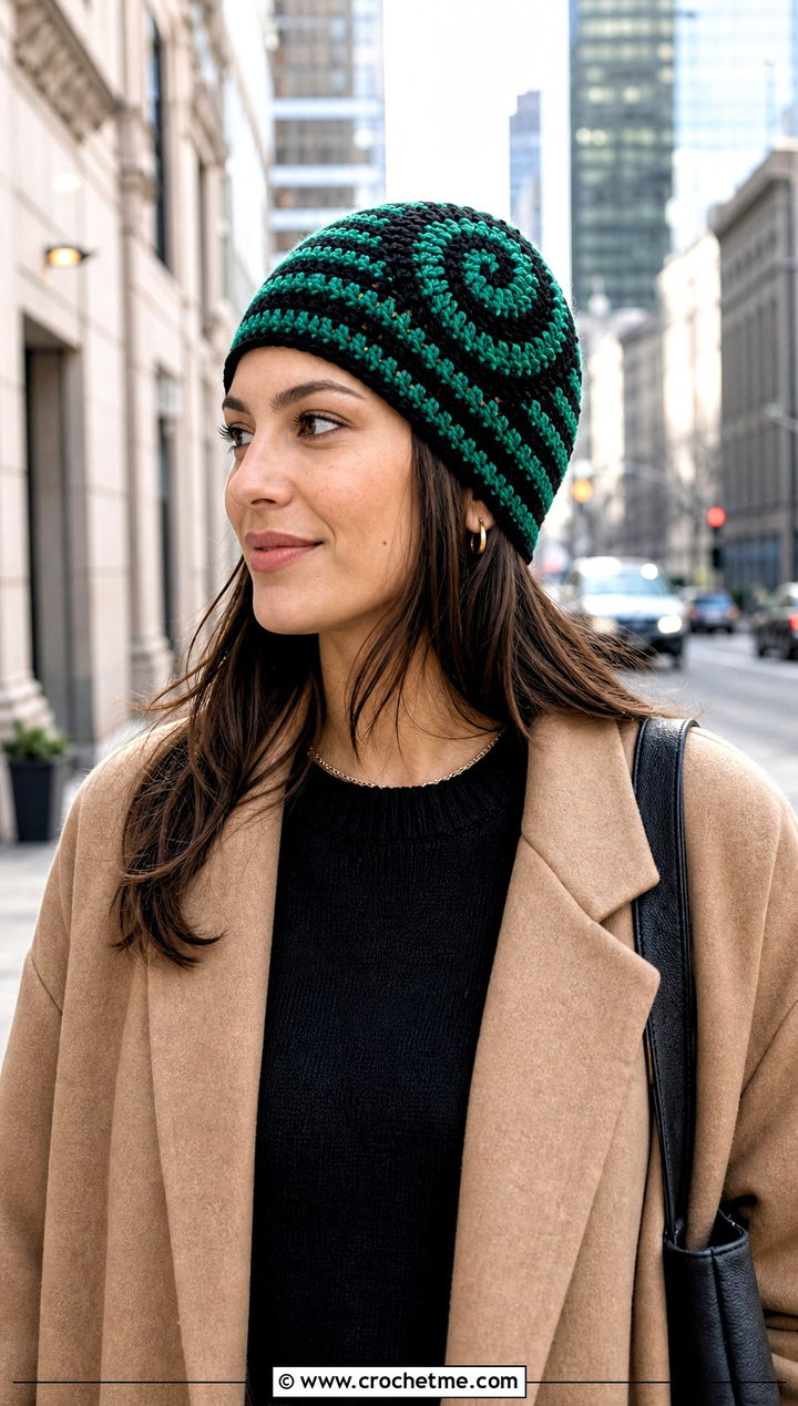Graphic Spiral Crochet Beanie With Long Coat And Sneakers - 30 crochet swirl hat outfit ideas