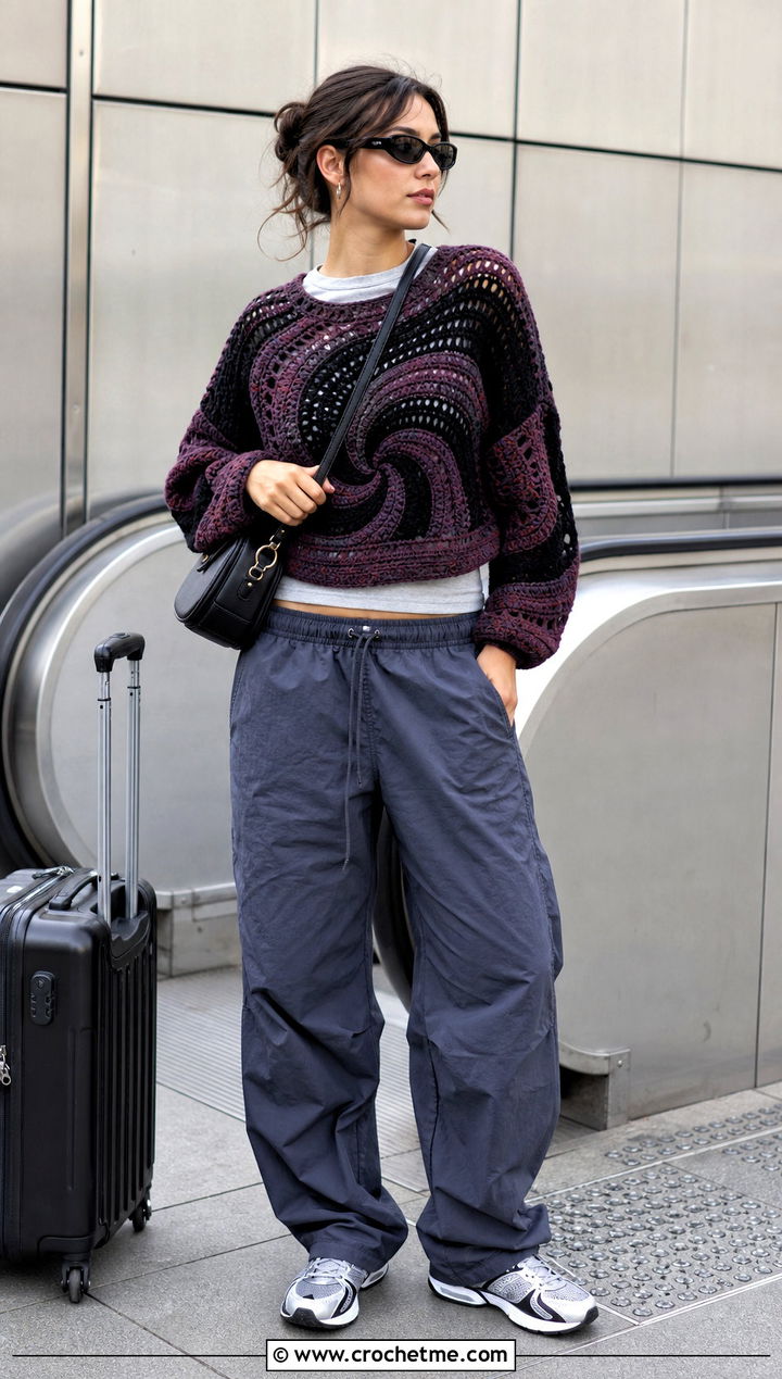 Graphic Swirl Crochet Sweater With Parachute Pants - 25 swirl crochet sweater outfit ideas