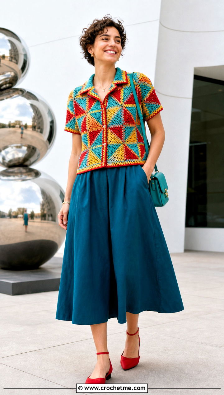 Graphic Tunisian Crochet Shirt With A Line Skirt - 20 Tunisian Crochet Shirt outfit ideas
