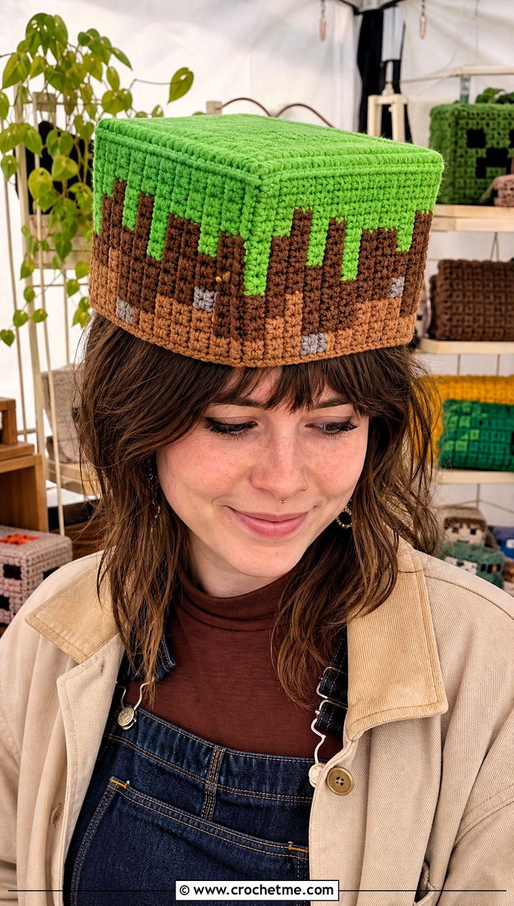 Grass Block Square Hat With Overalls - 20 Minecraft Crochet Hat outfit ideas