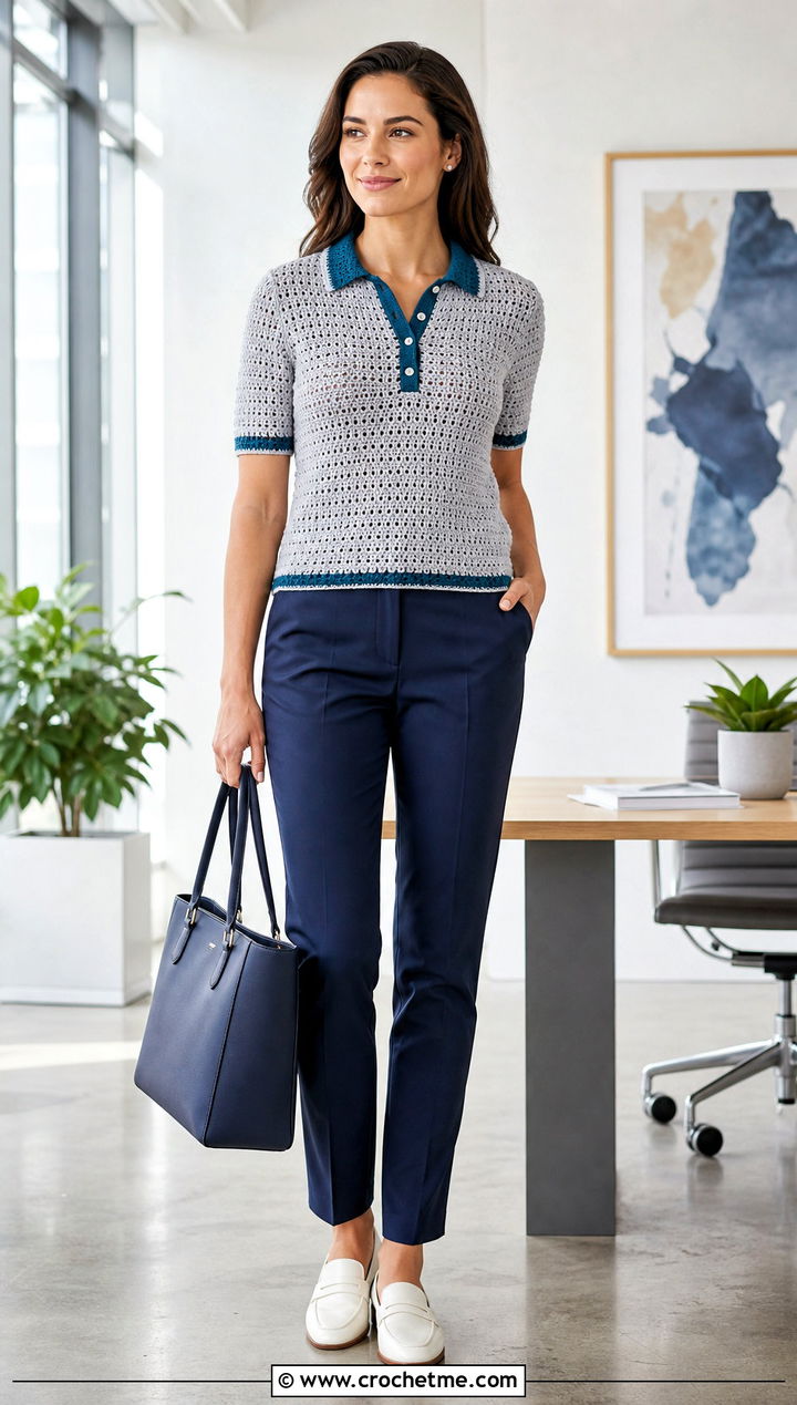 Gray And White Collared Crochet Polo Sweater With Tailored Pants - 15 Gray And White Crochet Sweater outfit ideas