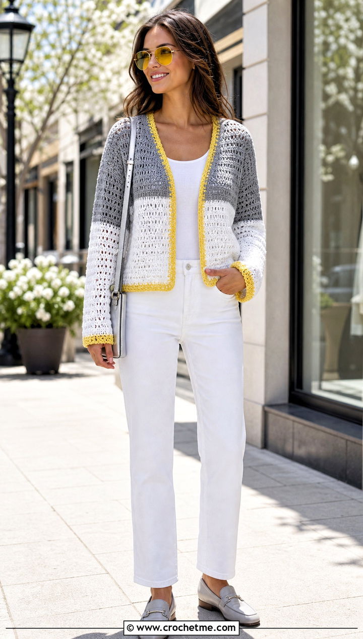 Gray And White Color Block Crochet Sweater With White Jeans - 15 Gray And White Crochet Sweater outfit ideas