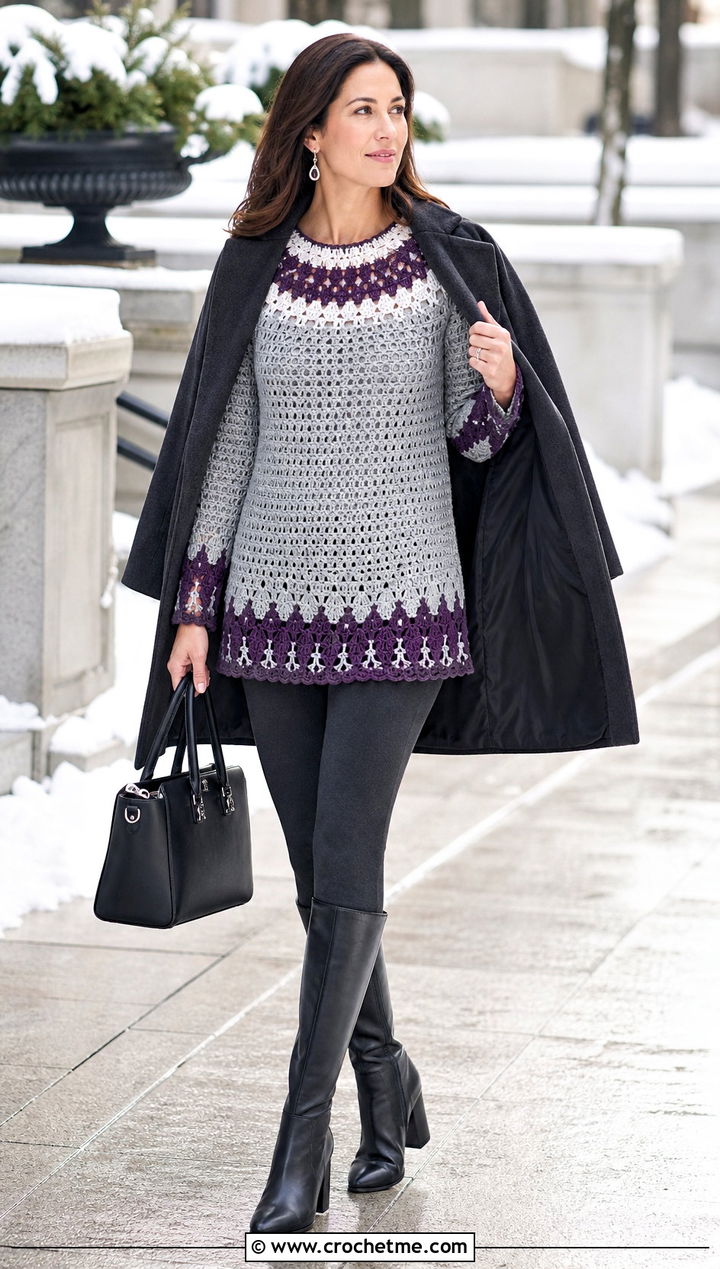 Gray And White Crochet Tunic Sweater With Tall Boots - 15 Gray And White Crochet Sweater outfit ideas