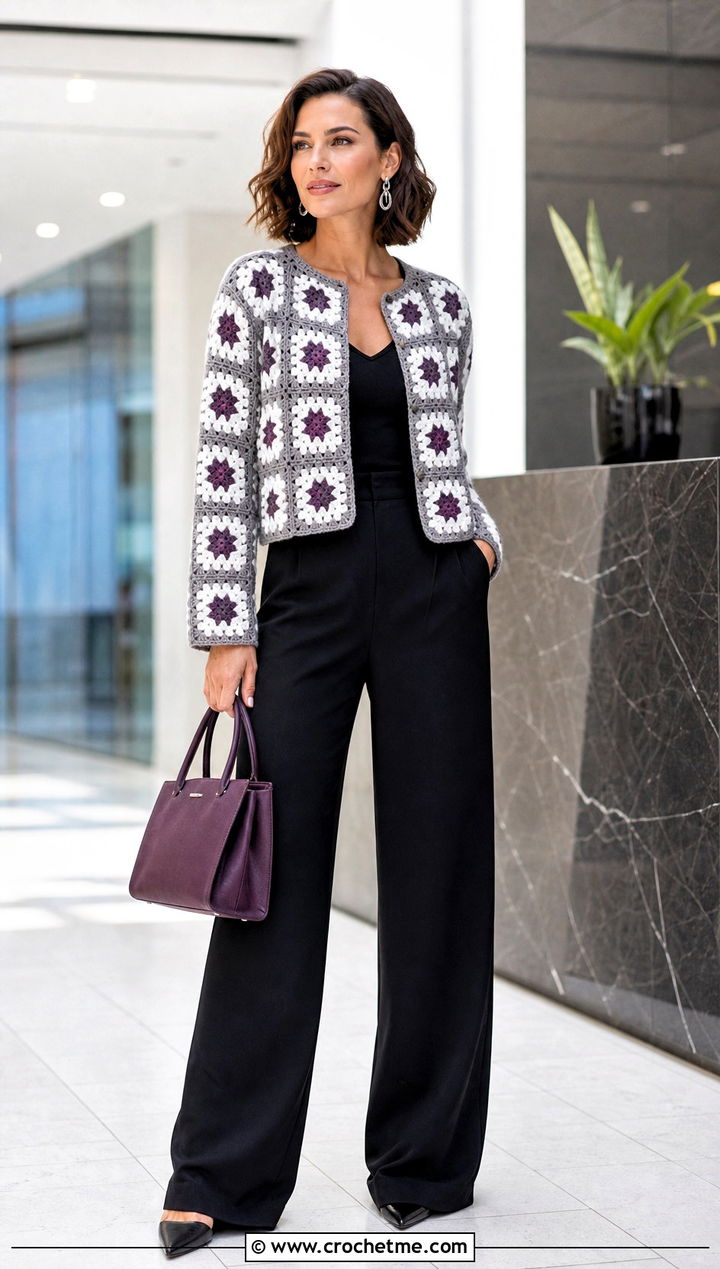 Gray And White Granny Square Crochet Sweater With Black Trousers - 15 Gray And White Crochet Sweater outfit ideas