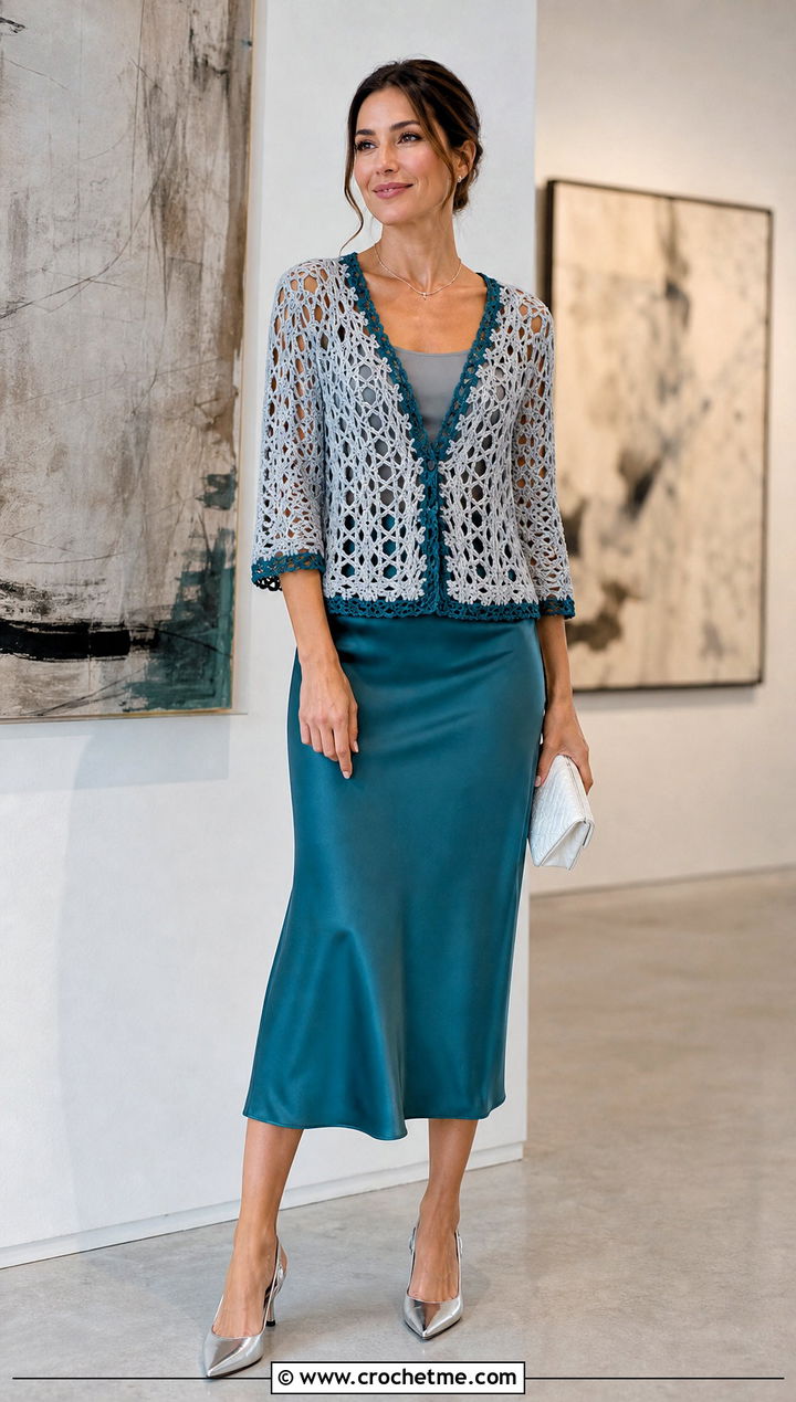 Gray And White Openwork Crochet Sweater With Satin Midi Skirt - 15 Gray And White Crochet Sweater outfit ideas