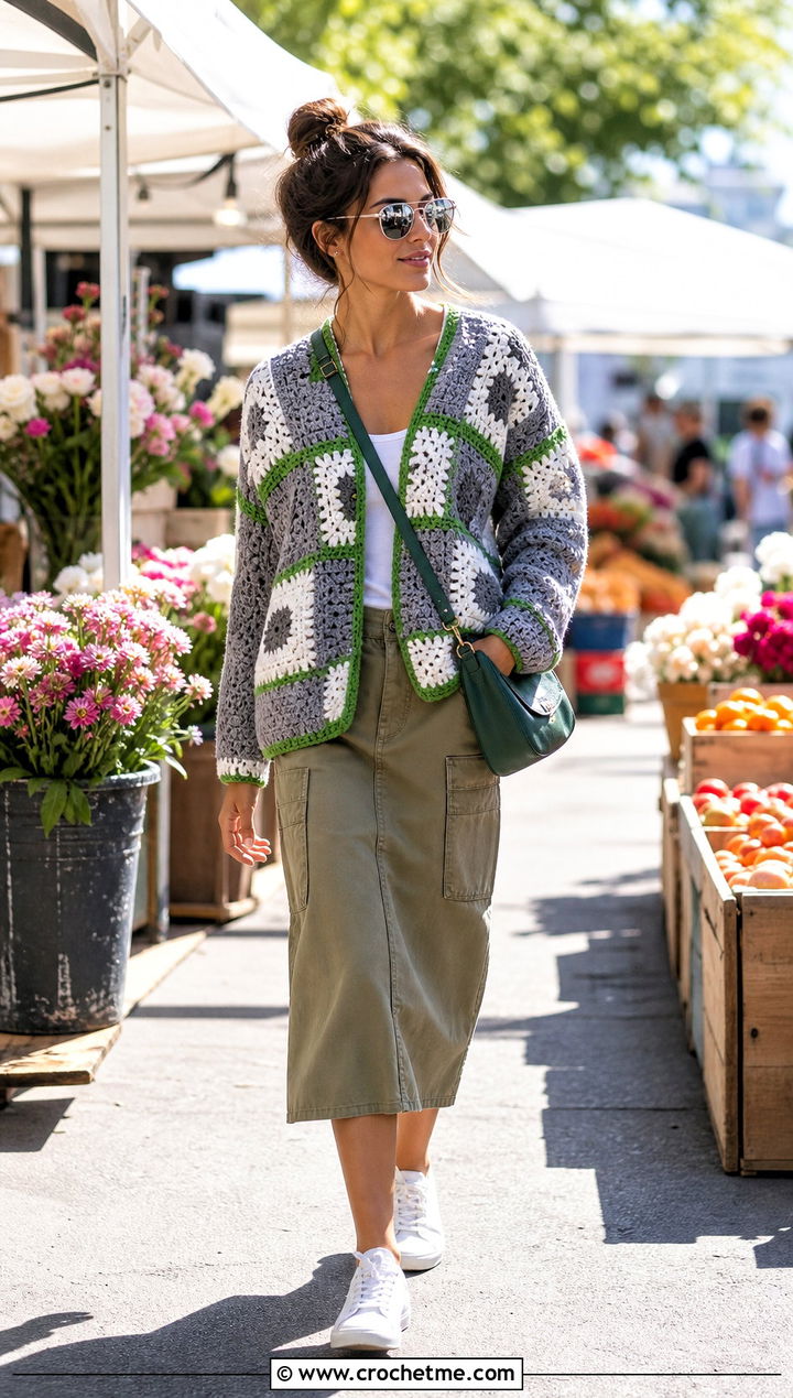 Gray And White Patchwork Crochet Sweater With Utility Skirt - 15 Gray And White Crochet Sweater outfit ideas
