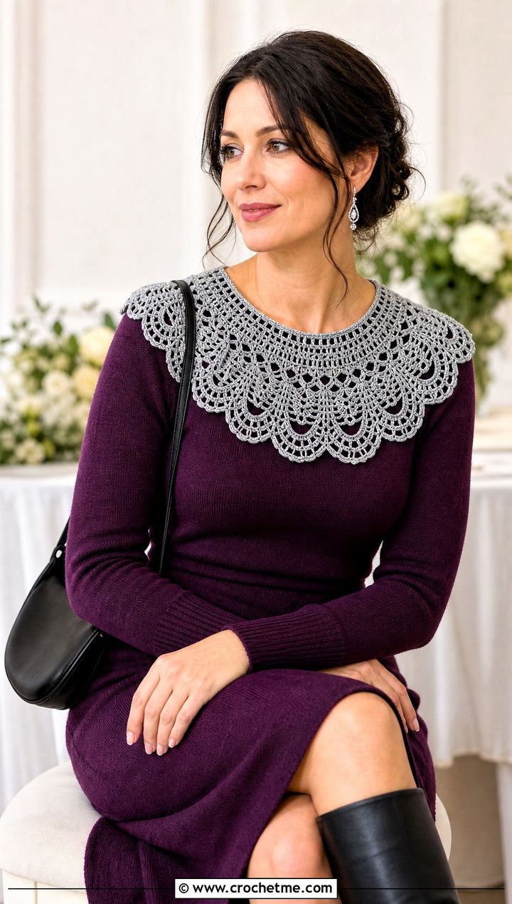 Gray Bertha Crochet Collar With Fitted Knit Dress - 15 Gray Crochet Collar outfit ideas