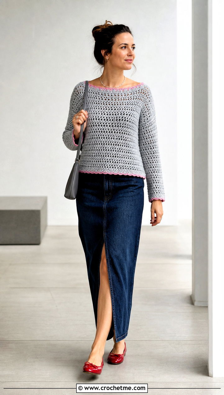 Gray Boat Neck Crochet Sweater With Denim Maxi Skirt - 15 Gray Crochet Sweater Design outfit ideas