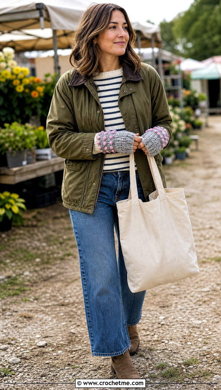 Gray Bobble Stitch Gloves With Barn Jacket - 15 Gray Crochet Gloves outfit ideas