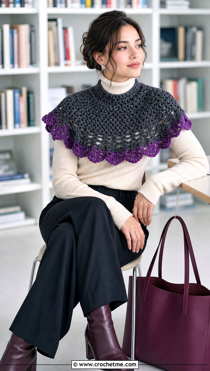 Gray Capelet Crochet Collar With Turtleneck And Wide Leg Pants - 15 Gray Crochet Collar outfit ideas