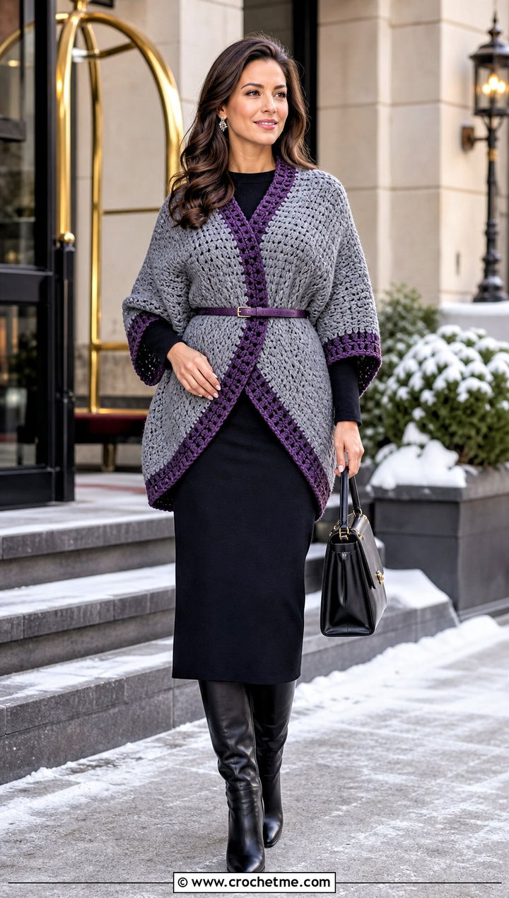 Gray Cocoon Crochet Sweater With Black Column Dress - 15 black and gray crochet sweater outfit ideas