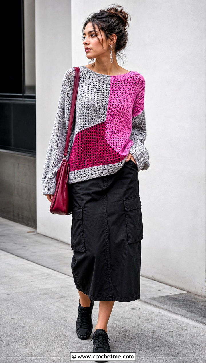 Gray Color Block Crochet Sweater With Cargo Skirt - 15 Gray Crochet Sweater Design outfit ideas