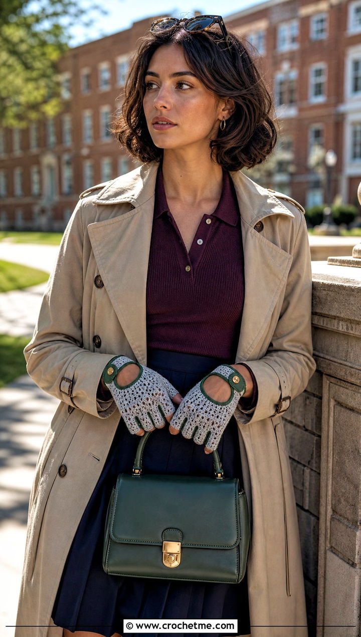 Gray Crochet Driving Gloves With Knit Polo And Pleated Skirt - 15 Gray Crochet Gloves outfit ideas