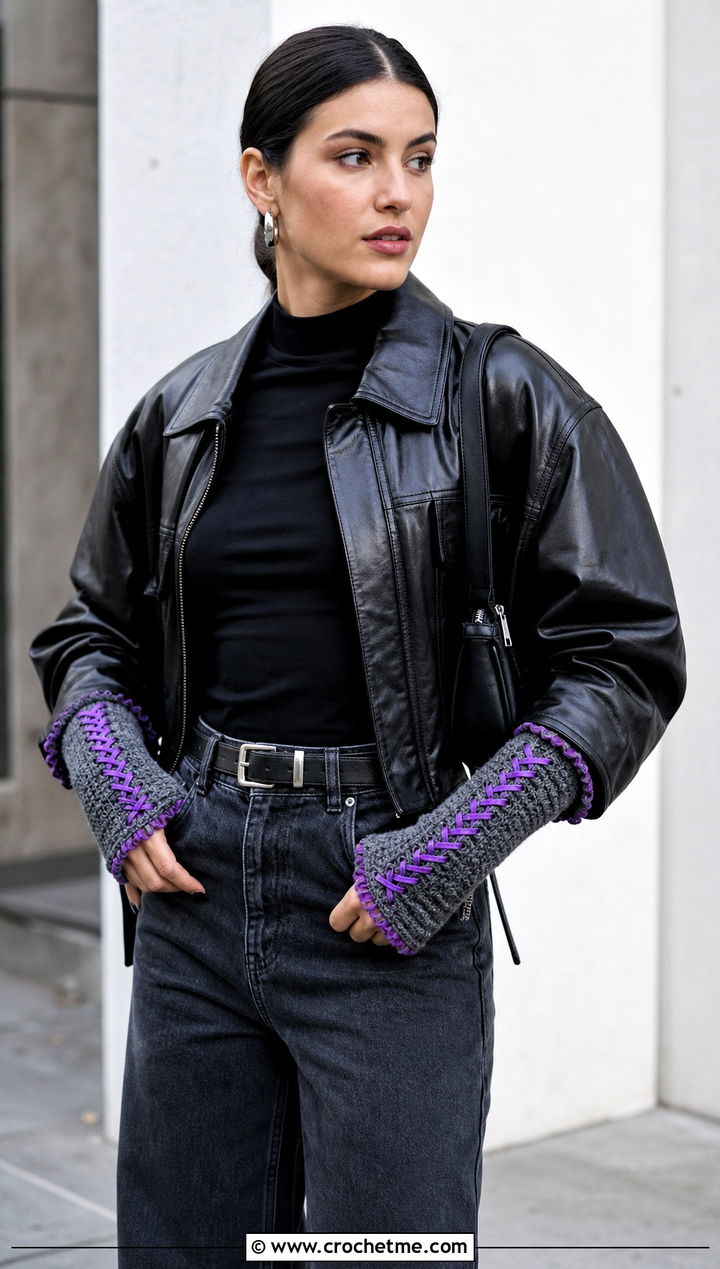 Gray Crochet Gauntlet Gloves With Leather Jacket - 15 Gray Crochet Gloves outfit ideas