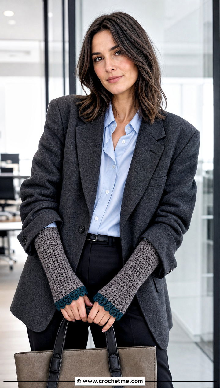 Gray Crochet Wrist Warmers With Blazer And Trousers - 15 Gray Crochet Gloves outfit ideas
