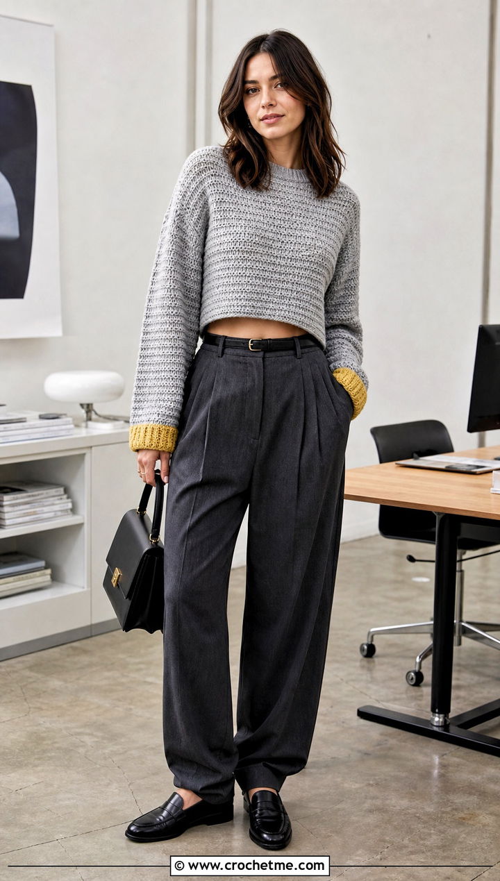 Gray Cropped Crochet Sweater With Tailored Trousers - 15 Gray Crochet Sweater Design outfit ideas