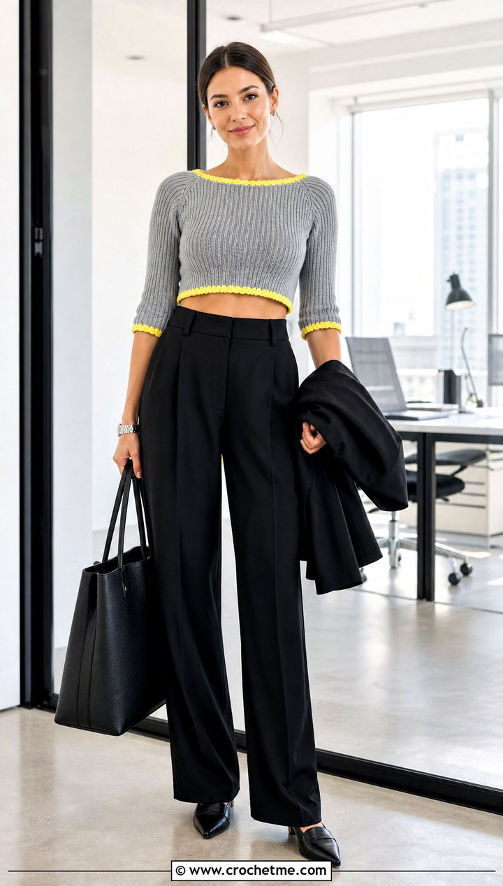 Gray Cropped Ribbed Crochet Sweater With Wide Leg Trousers - 15 black and gray crochet sweater outfit ideas