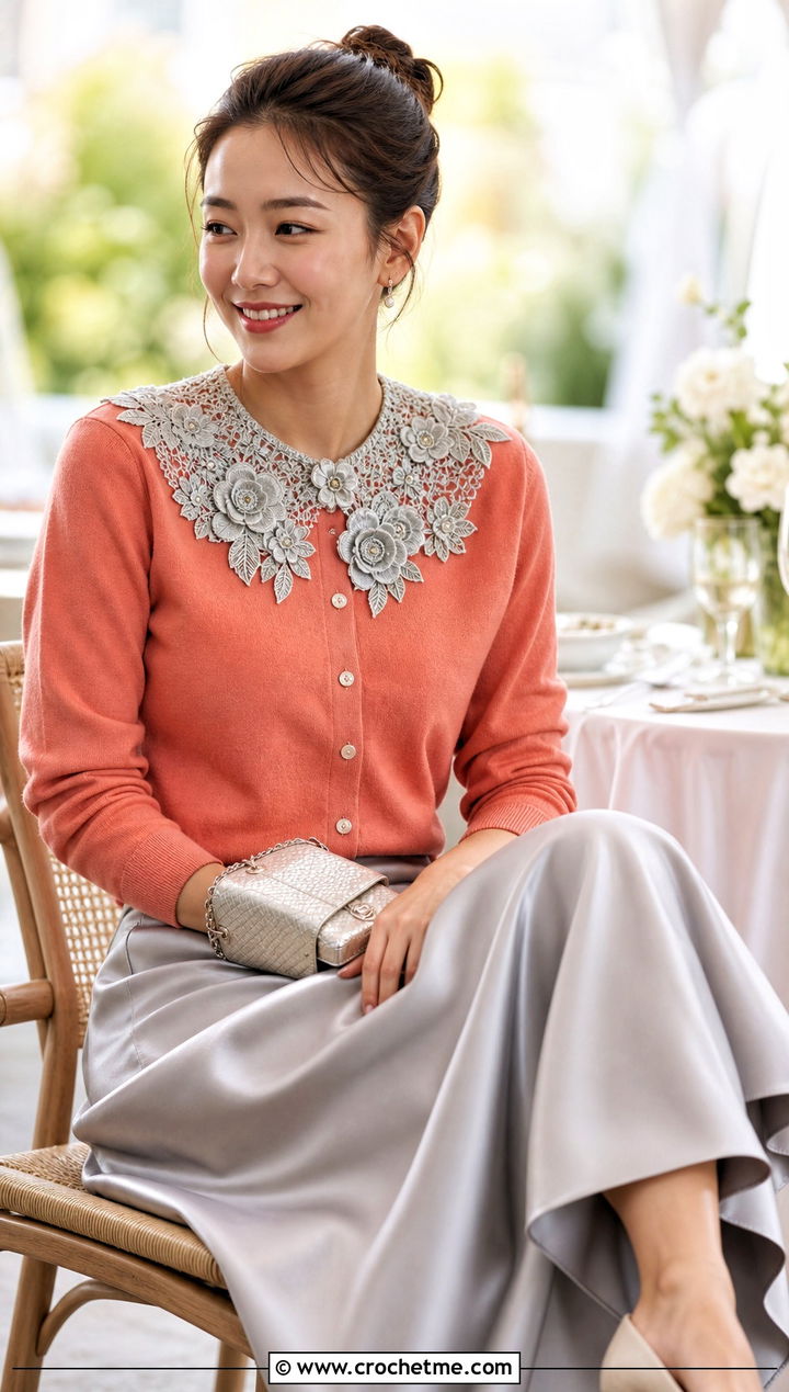 Gray Floral Applique Crochet Collar With Cardigan And Satin Skirt - 15 Gray Crochet Collar outfit ideas