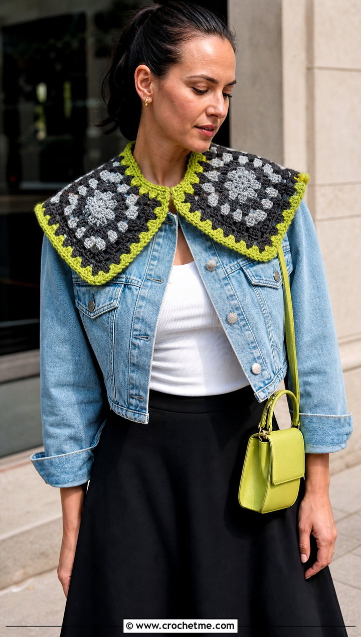 Gray Granny Square Crochet Collar With Denim Jacket And Midi Skirt - 15 Gray Crochet Collar outfit ideas