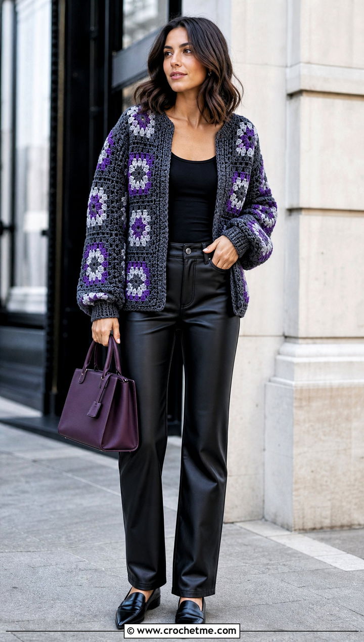Gray Granny Square Crochet Sweater With Leather Pants - 15 Gray Crochet Sweater Design outfit ideas
