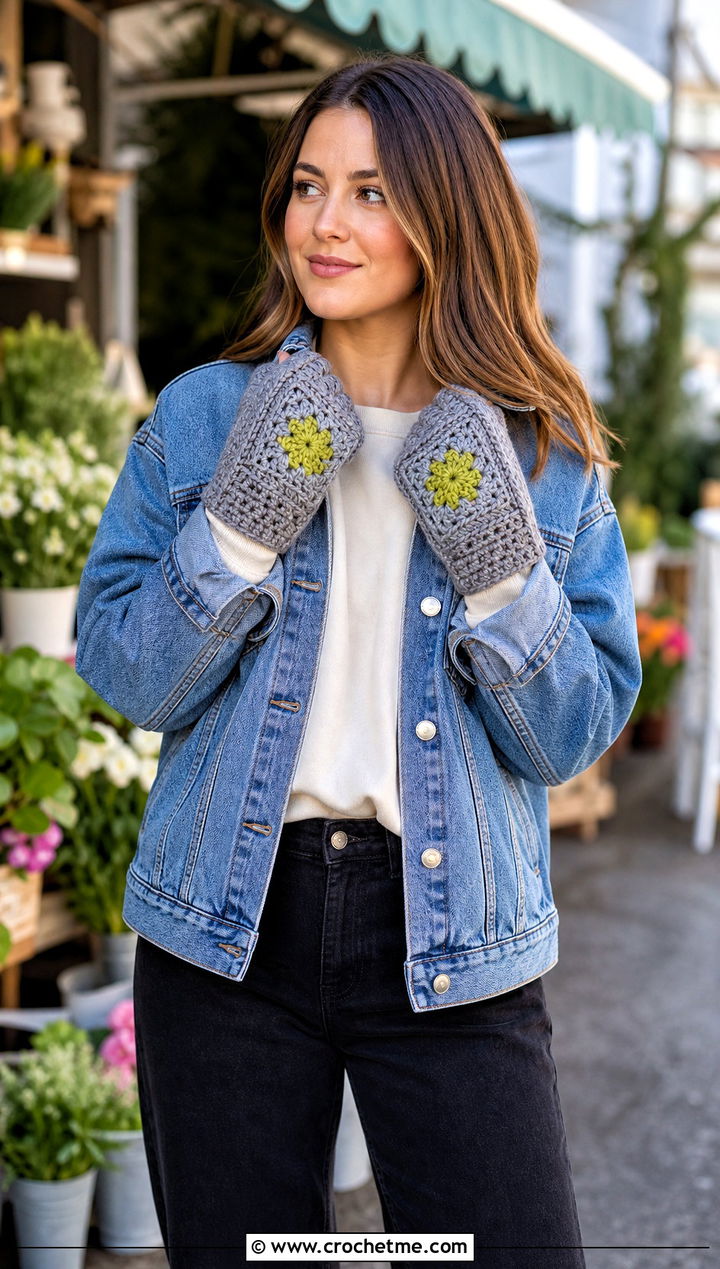 Gray Granny Square Gloves With Denim Jacket - 15 Gray Crochet Gloves outfit ideas