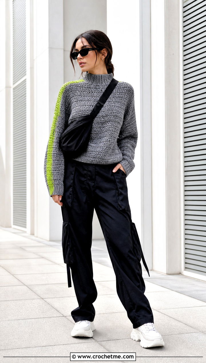Gray Mock Neck Crochet Sweater With Utility Pants - 15 Gray Crochet Sweater Design outfit ideas
