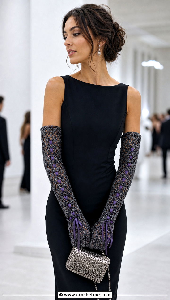 Gray Opera Length Crochet Gloves With Column Dress - 15 Gray Crochet Gloves outfit ideas