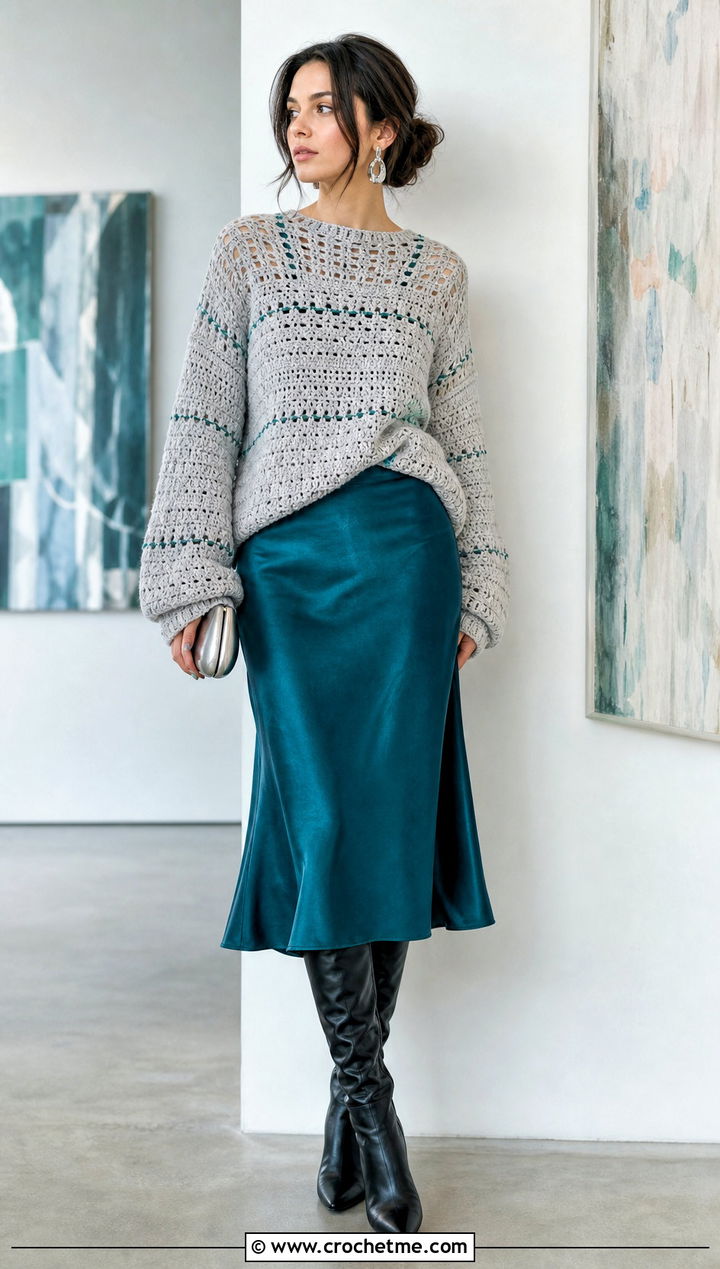 Gray Oversized Crochet Sweater With Satin Midi Skirt - 15 Gray Crochet Sweater Design outfit ideas